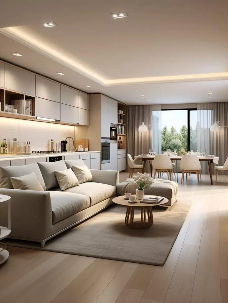 Modern Living Room Design with Beige Fabric Sofas and Large Windows