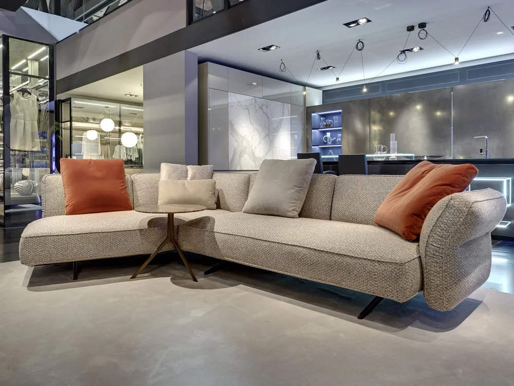 Modern Minimalist Living Room Design with L-shaped Sofa and Soundproofed Music Room