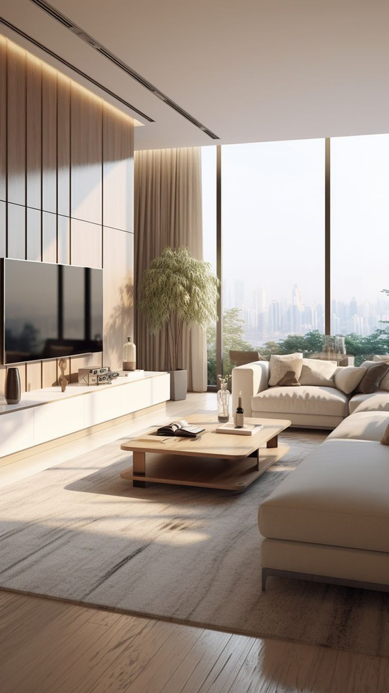 Modern Living Room Design with Beige Fabric Sofas and Large Windows