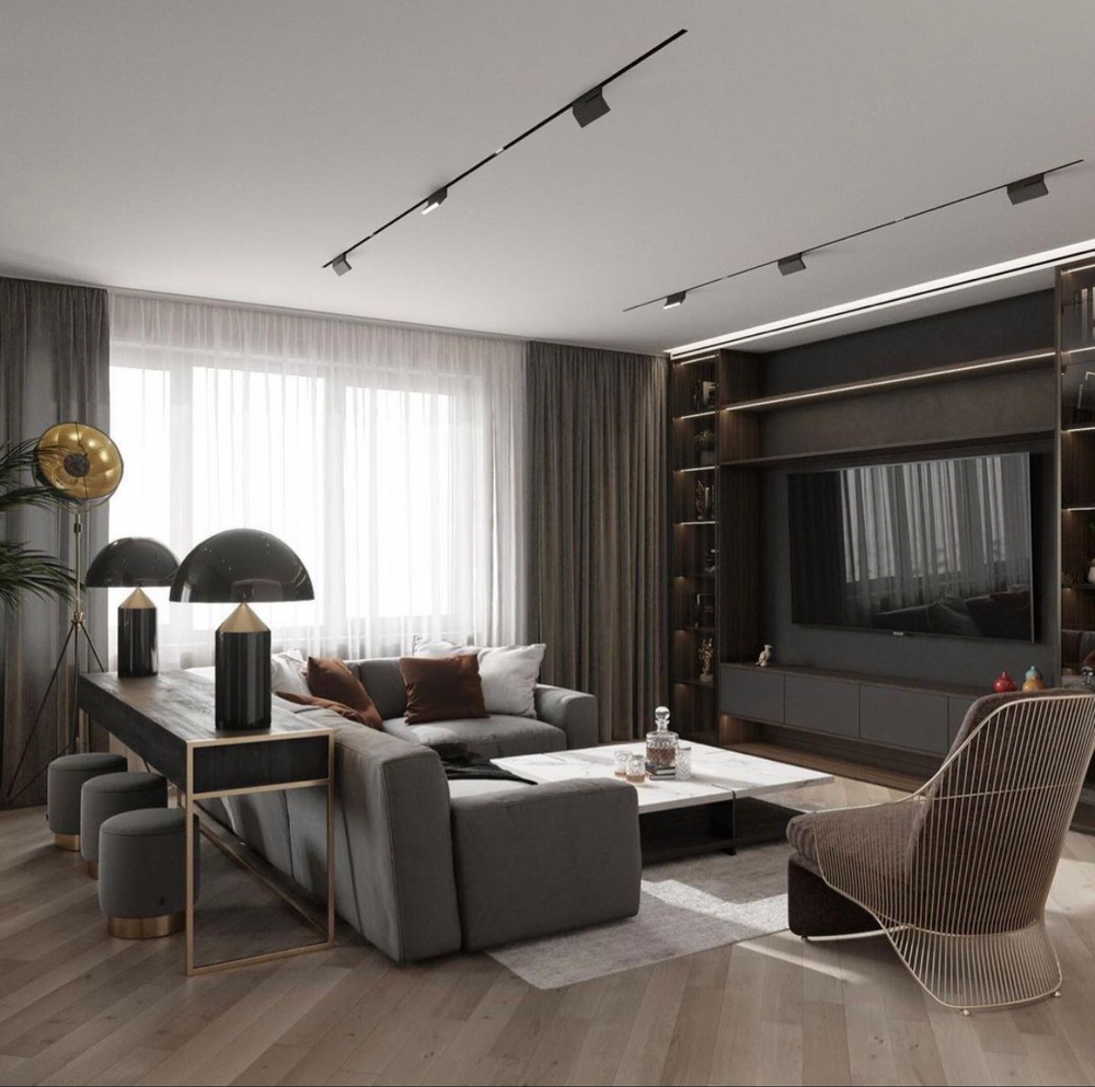 Modern Minimalist Living Room with Marble Wall and Track Lighting