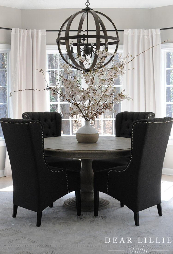 Modern Dining Room Design with Dark Wood and White Fabric