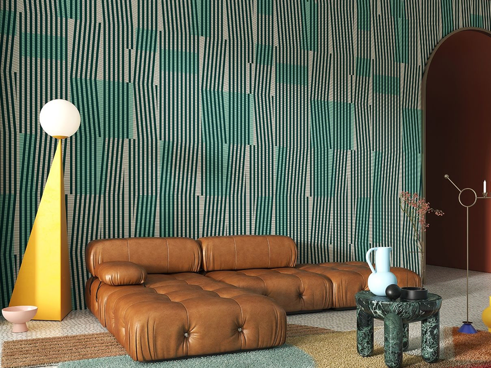 Modern Teal Balcony with Wicker Chair and Palm Leaf Wallpaper