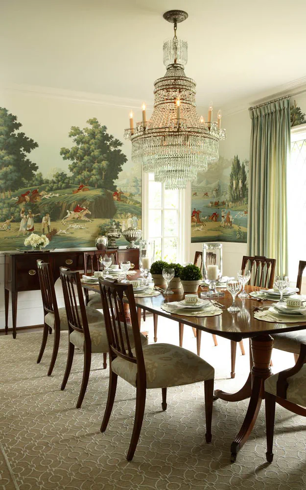 Modern Dining Room with Glass Pendant Lights and Floral Mural