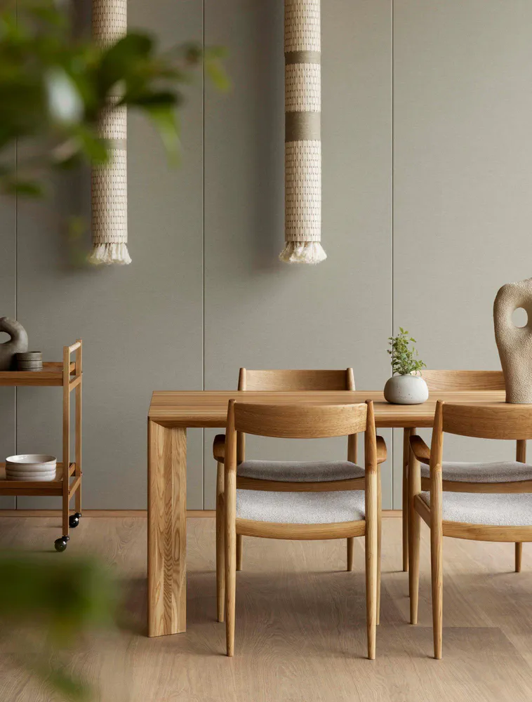 Modern Dining Room Design: Neutral Tones and Textured Wall Hangings