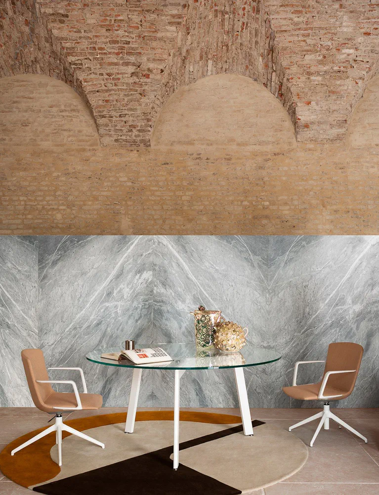 Modern Dining Room with Marble Wall and Glass Table